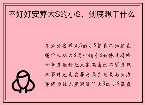 不好好安葬大S的小S，到底想干什么