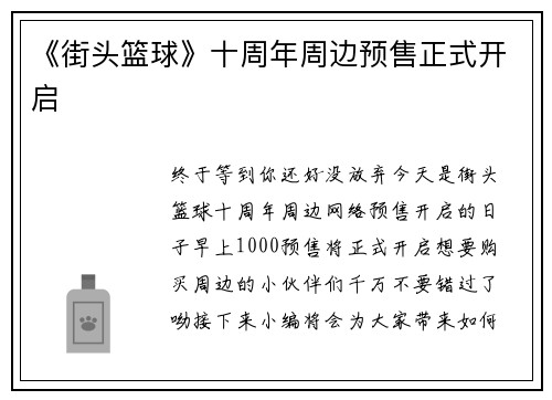 《街头篮球》十周年周边预售正式开启