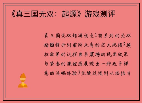 《真三国无双：起源》游戏测评