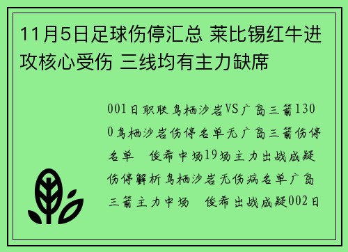 11月5日足球伤停汇总 莱比锡红牛进攻核心受伤 三线均有主力缺席