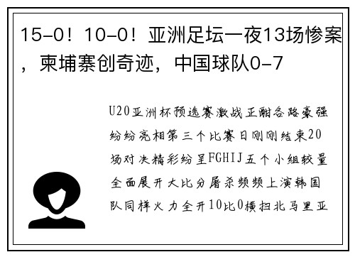 15-0！10-0！亚洲足坛一夜13场惨案，柬埔寨创奇迹，中国球队0-7
