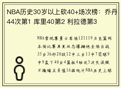 NBA历史30岁以上砍40+场次榜：乔丹44次第1 库里40第2 利拉德第3