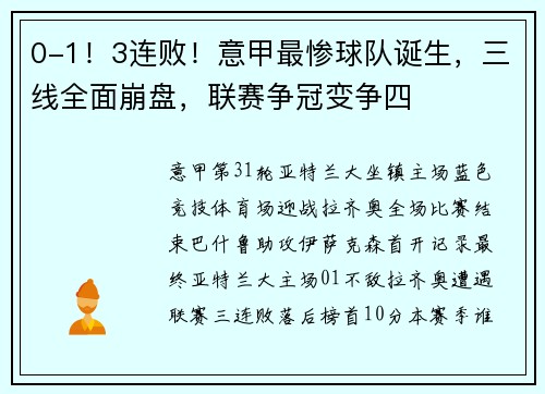 0-1！3连败！意甲最惨球队诞生，三线全面崩盘，联赛争冠变争四