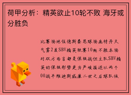 荷甲分析：精英欲止10轮不败 海牙或分胜负