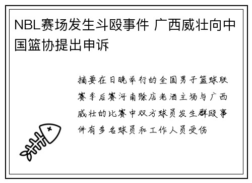 NBL赛场发生斗殴事件 广西威壮向中国篮协提出申诉